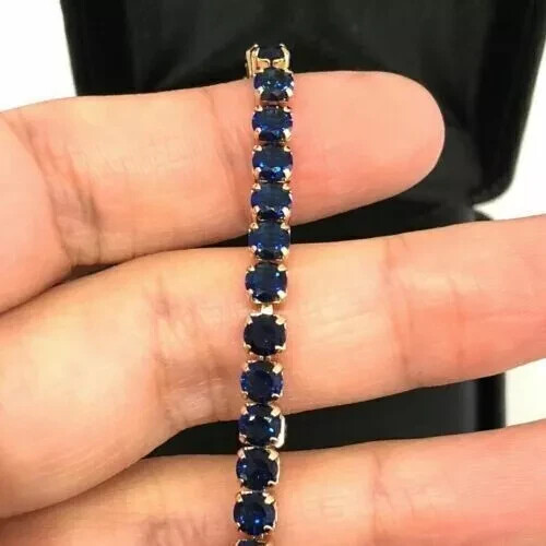 15Ct Lab Created Blue Sapphire Women Gift Tennis Bracelet 14K Yellow Gold Plated - Picture 3 of 5