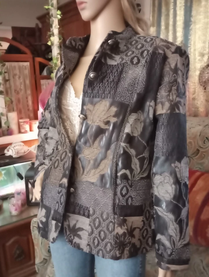 Mujer Boho Elegante Blazer Chaqueta Abrigo Negro Gris y Tostado Floral Pequeño Med JA01 Foto 2 de 4