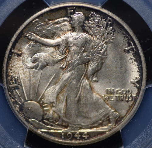 1944 S WALKING LIBERTY HALF DOLLAR PCGS MS 64 ATTRACTIVE AMBER/MAUVE/RUSSET