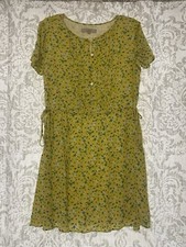 LOFT Floral Button Front Side Tie Girly Spring Summer Mini Sun Dress Yellow L