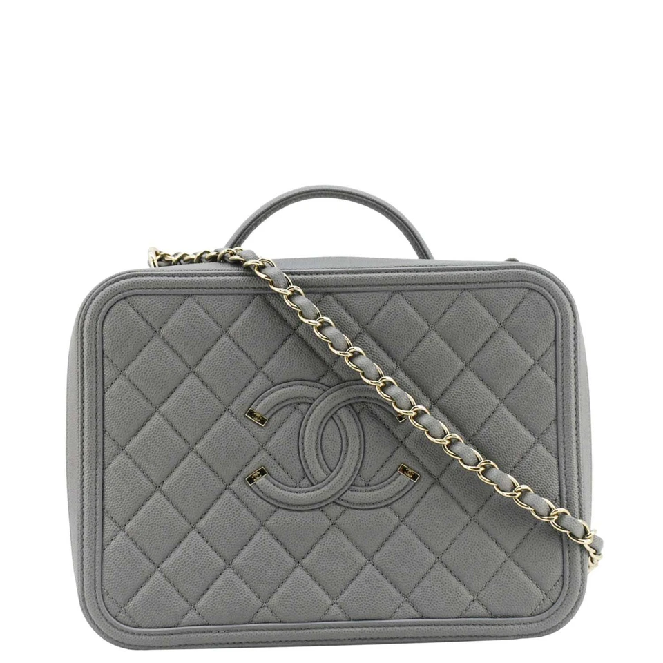 CHANEL Vanity Case Filigree CC  Large Caviar Quilted Shoulder Bag Grey