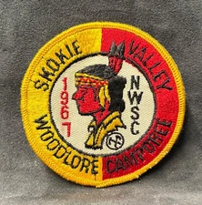 BOY SCOUT EMBROIDERED PATCH~1967 SKOKIE VALLEY WOODLORE CAMPOREE~NATIVE AMERICAN