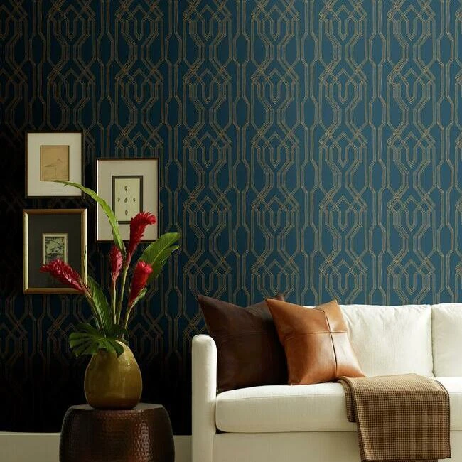 Wallpaper Blue and Gold Oriental Lattice , 60 sq ft Bolt - Image 3 of 4