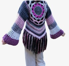 Handmade Crochet Mandala Sun Flower Jacket. Hippy  Boho Flared Bell Sleeves. 