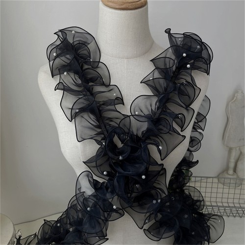 200cm Pearl Nail Beaded Ruffle Organza Lace Trim for Lolita Dress Sewing DIY - Picture 9 of 20