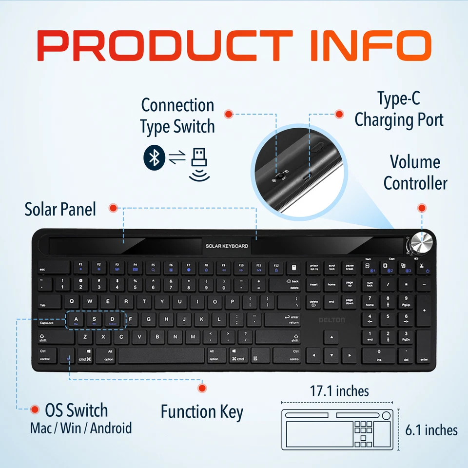 Delton KB90 Wireless Rechargeable Solar (Light) Powered Keyboard - Black - Image 4 of 4