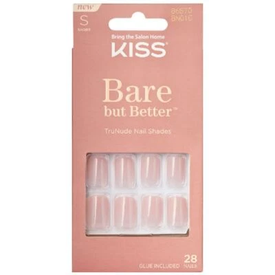 KISS LASHES Kiss Bare But Better Square False Nails with Glue - Short Nudies - Pack of 28