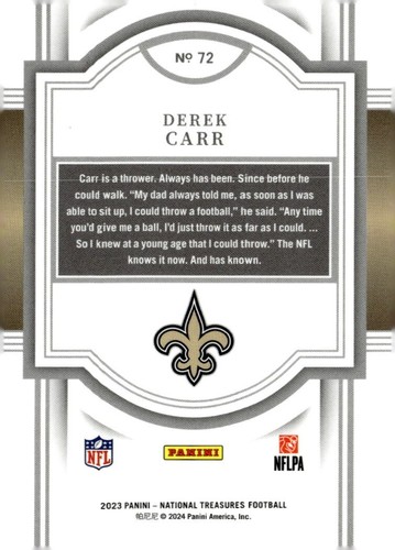 2023 NATIONAL TREASURES #72 DEREK CARR 89/99 - Picture 2 of 2