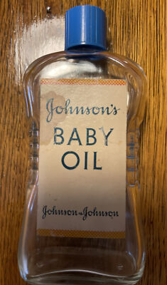Vintage Johnson's Baby Oil 5oz Glass Bottle Blue Cap-Empty