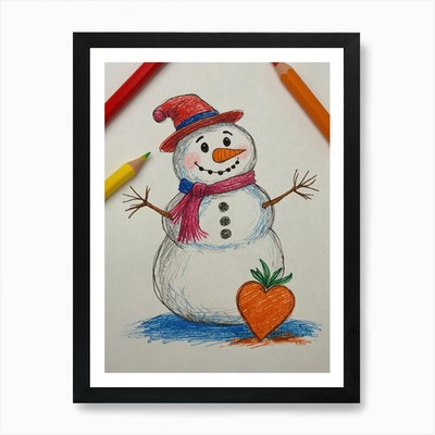 Schneemann Zeichnung 3 Kunstdruck gerahmt Wandbild Poster Leinwanddruck Bild