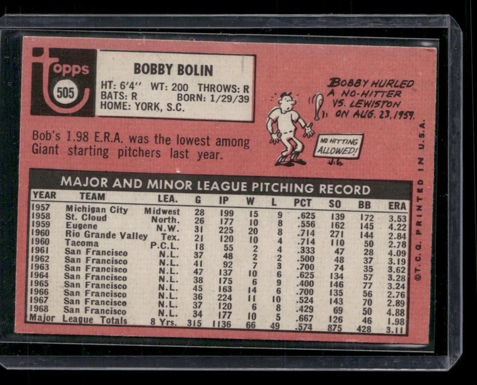 1969 Topps - Bob Bolin #505 apellido en blanco Foto 2 de 2