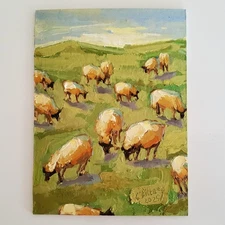 Sheep in Field Painting Original Oil Artwork Landscape Abstract Modern Small Art