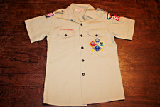 Boy Scouts of America BSA Youth Shirt Tan Large Sewn Patches Short Sleeve