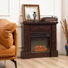 32" Electric Heater Fireplace with Mantel LED Log Flame Remote Control 1400W