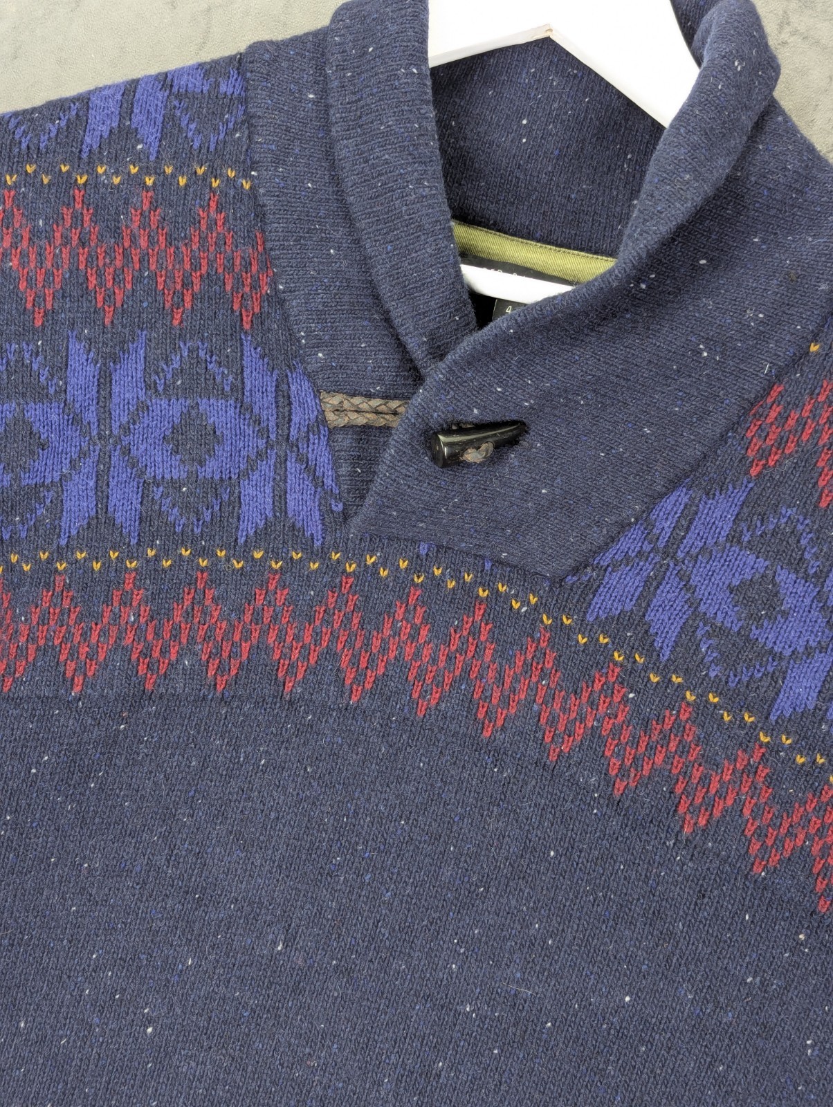 Ted Baker Jumper Lamb Wool Blend Blue Fair Isle Speckled Shawl Collar Large (4) image 2