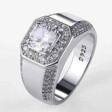 925 Sterling Silver Men AAA Crystal Zircon Stone Wedding Ring