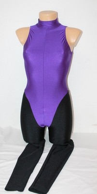 Women Long Catsuit 304-54 High Collar Zipper Crotch Purple Black Spandex Size M