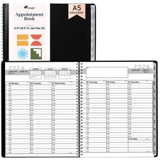2026 Appointment Book Planner 6.5 x 8.5 inch Large Black Tabbed Daily Hourly