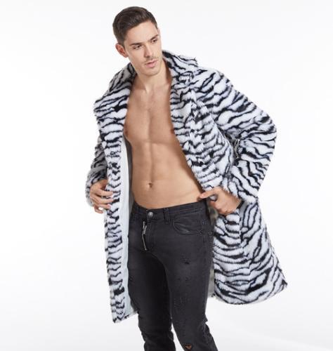 Mens Faux Fur Coats Leopard Mid Length Jacket Warm Winter Loose Windbreakers New - Picture 4 of 10