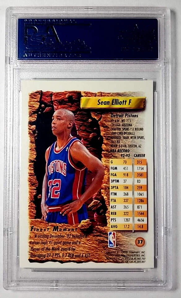 1993 1993-94 Topps Finest Refractor 37 Sean Elliott PSA 9 *Only 5 Graded Higher* - Image 2 of 3