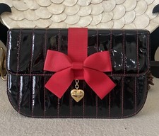 MOSCHINO Vintage Black Patent Leather Red Bow Flap Clutch Bag RARE