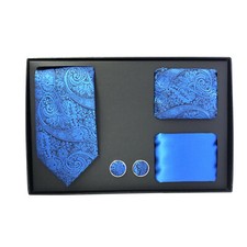 New Men's necktie solid pattern hankie cufflinks 4 pc Gift Set Blue paisley