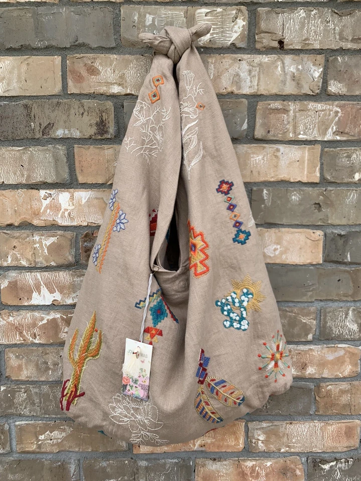 Johnny Was Los Angeles SAGUARO Bolso Hobo Cartera Lino Azteca Suroeste Nudo Atado Foto 2 de 4