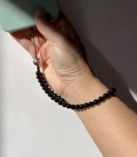 Black Obsidian Beaded Wrist strap, Camera Strap, Wallet Strap, Phone Case strap