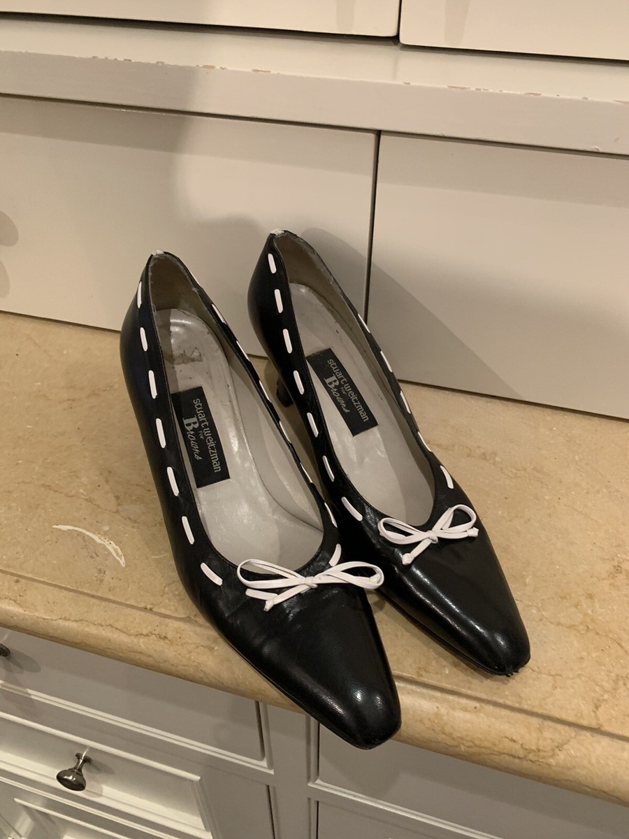 Vtg Womens Sz B Stuart Weitzman Black Leather Shoes Pump Heels White  Bow EUC