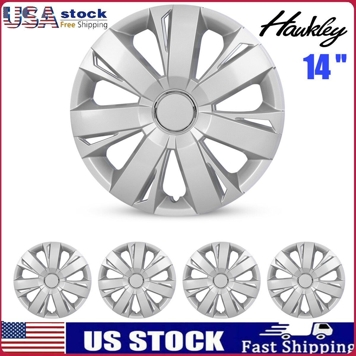 14" Set of 4 Sliver Wheel Covers Full Rim Snap On Hub Caps for R14 Tire & Steel