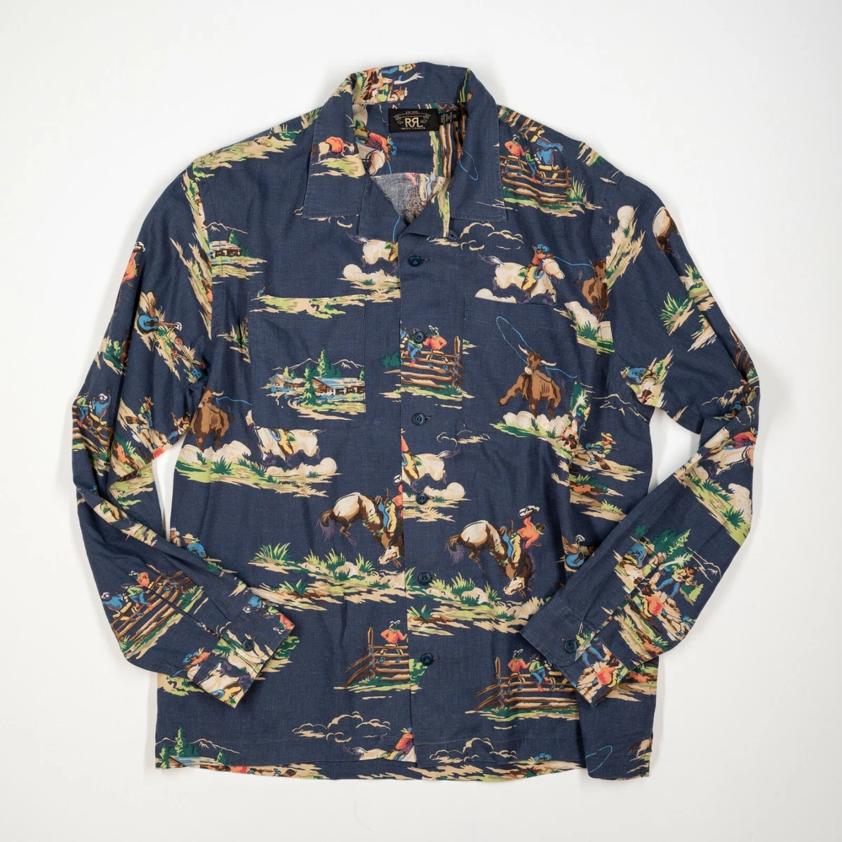 RRL Ralph Lauren (XL) 1940's Inspired Western Print Linen/Viscose Camp Shirt