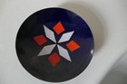 DARK BLUE ENAMEL ON METAL 12.5CM SHALLOW BOWL/DISH WITH RED/WHITE DIAMOND DESIGN