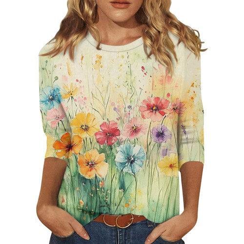 Women's Round Neck Summer Casual Ladies Print 3/4 Sleeve Tops Blouse T Shirt 8 - Picture 7 of 42