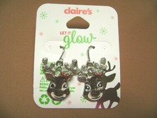 NWT- CLAIRES REINDEER SPARKLEY RED SILVER TONE CHRISTMAS PIERCED EARRINGS