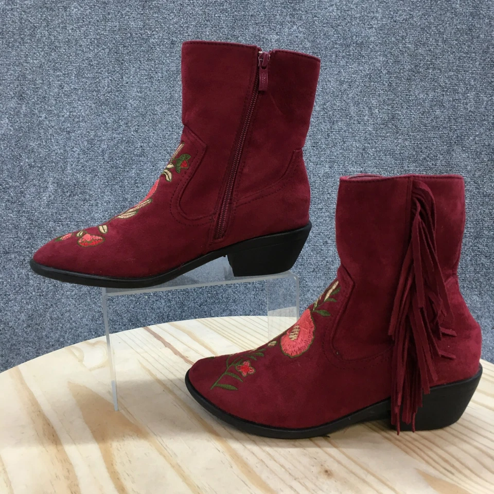 Weeboo Boots Womens 7.5 Mid Calf Burgundy Suede Zip Embossed Floral Tasseled - Image 2 of 4