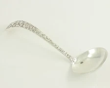 Vintage Stieff Sterling Silver Rose Repousse Sauce Ladle Curved Handle 5" 34 gr
