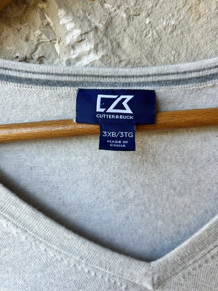 CUTTER BUCK Mens Sweater 3XT Gray V Neck Cotton Blend - Image 4 of 4