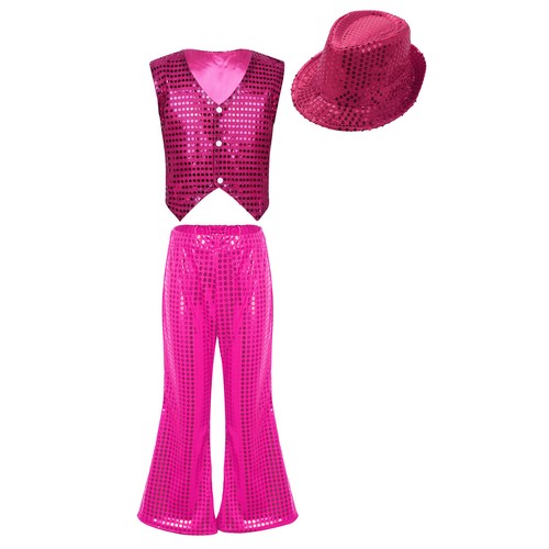 Kids Boys Girls 3Pcs/Sets Sequined Waistcoat Dress Up Vest Club Wear Jacket Hat - Picture 29 of 71