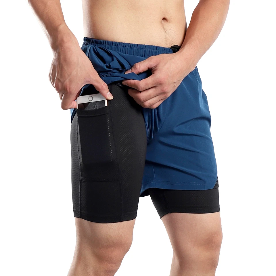 Mens Running Athletic Sports Mens 2 In 1 Shorts Breathable Gym Short with Pocket - Image 4 of 4