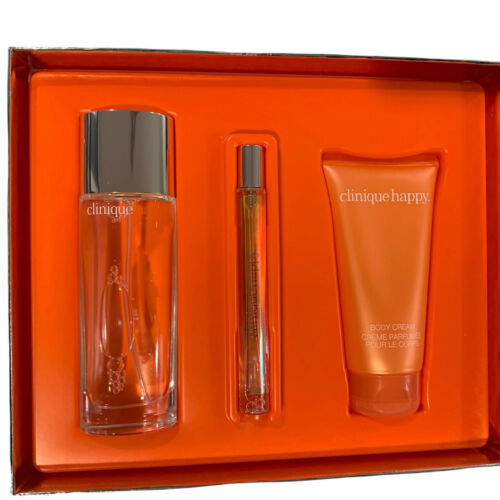 Clinique Wear it Be Happy Perfume Spray, Body Cream 3pc Gift Set $88 NEW