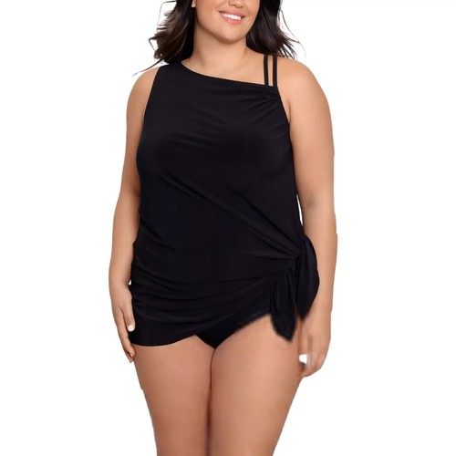 Trimshaper Brianna Tie Side Black Asymmetric Swim Dress Plus Size 18W Swimsuit