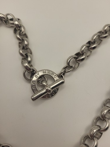 MARC JACOBS Rolo Chain Choker Necklace Signed Toggle Closure 18” Blue Logo - Picture 3 of 4