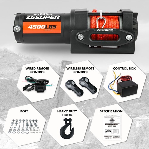 ZESUPER Electric Winch 12V 4500LBS Wireless Synthetic Rope ATV 4WD Boat Trailer - Picture 4 of 15