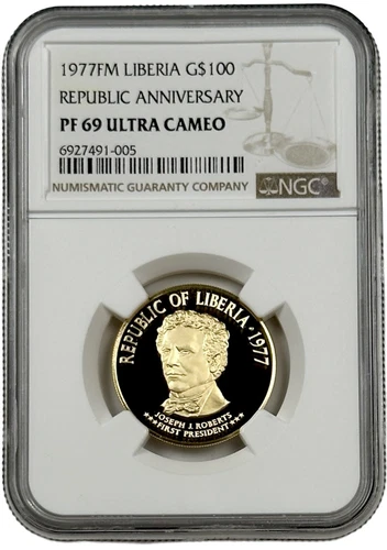 1977 FM Liberia $100 Gold 0.3163 oz Republic Anniversary NGC PF 69 UC