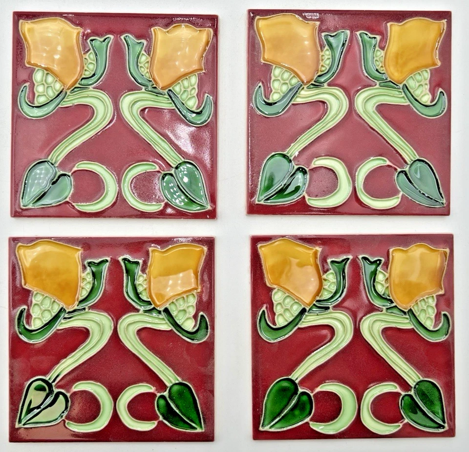 (14) ART NOUVEAU TILES 6" X 6" BURGUNDY, GREENS & YELLOW REPRODUCTION - Image 2 of 4
