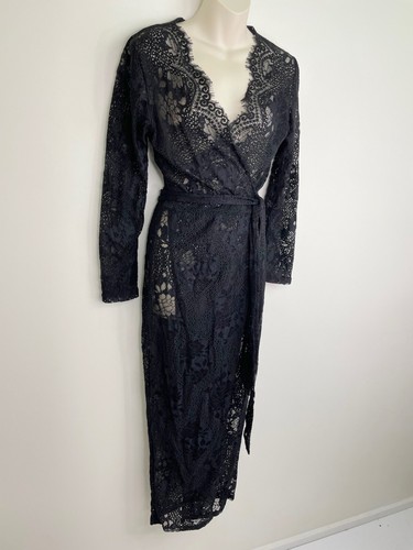 Winona womens wrap dress size 1o sheer black lace midi long sleeve NEEDS SLIP - Picture 2 of 7
