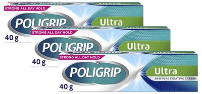 3 x Poligrip Ultra Denture Fixative Cream 40g Polygrip zinc free - Mint Flavour