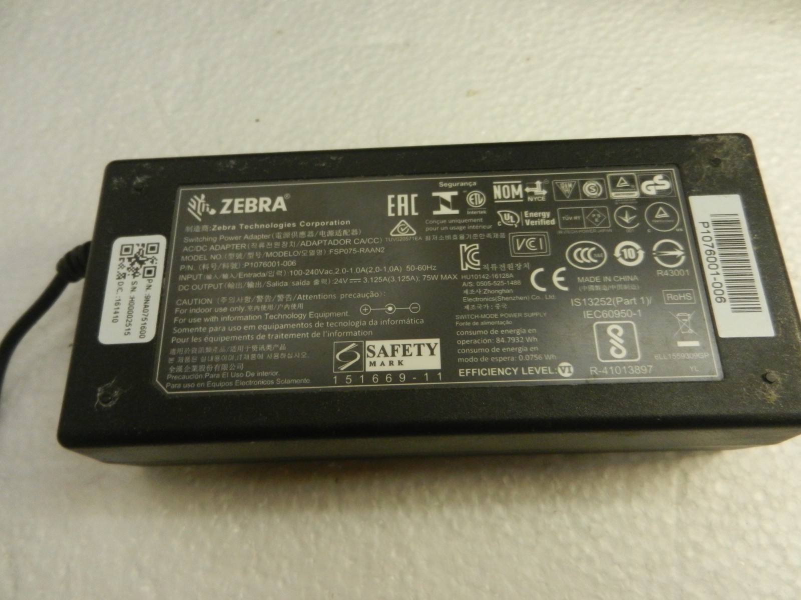 ORIGINAL ZEBRA AC Adapter Power Supply 24V 3.125A 75W for ZD410 ZD411 ZD611