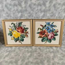 Vintage Floral Needlepoint Pair Gold Frames 10.5x10.5 Roses Blue Flowers Art Hom