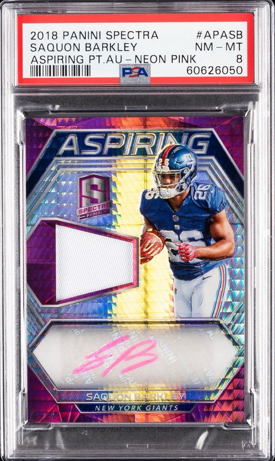 Saquon Barkley Panini Spectra Aspiring Patch Autograph #APASB Neon Pink